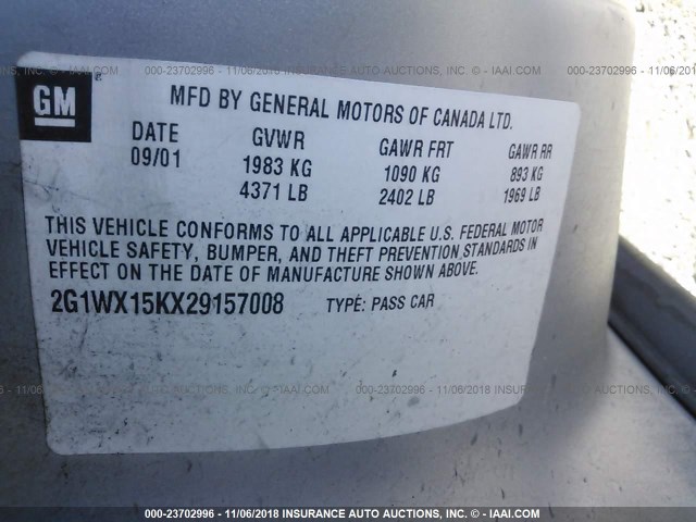 2G1WX15KX29157008 - 2002 CHEVROLET MONTE CARLO SS ვერცხლისფერი ფოტო 9