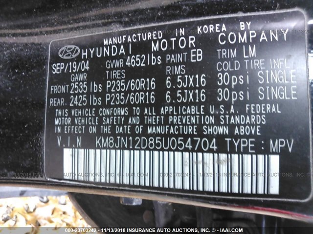 KM8JN12D85U054704 - 2005 HYUNDAI TUCSON GLS/LX BLACK photo 9