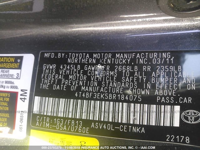 4T4BF3EK5BR184075 - 2011 TOYOTA CAMRY SE/LE/XLE 灰色 照片 9