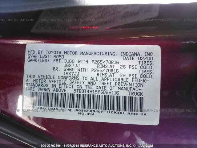 5TBBT4818YS068116 - 2000 TOYOTA TUNDRA ACCESS CAB LIMITED MAROON photo 9