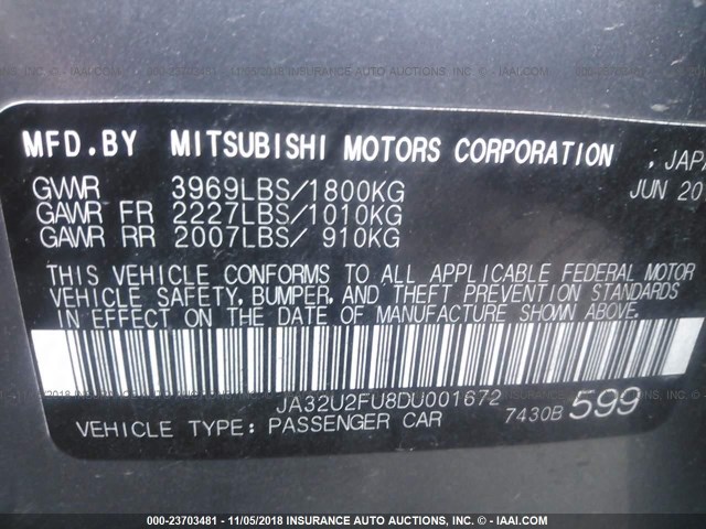 JA32U2FU8DU001672 - 2013 MITSUBISHI LANCER ES/ES SPORT GRAY photo 9