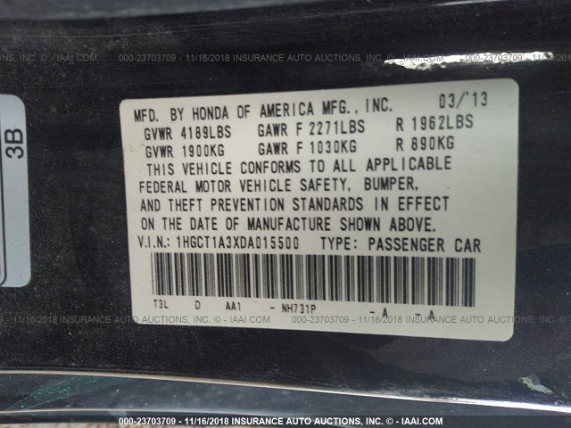 1HGCT1A3XDA015500 - 2013 HONDA Accord LX-S BLACK photo 9