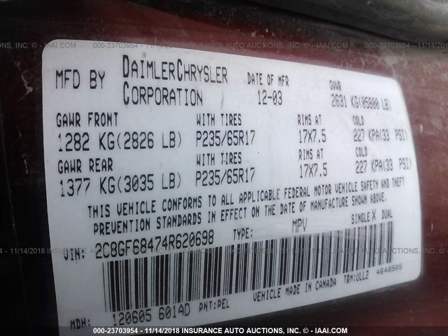 2C8GF68474R620698 - 2004 CHRYSLER PACIFICA RED photo 9