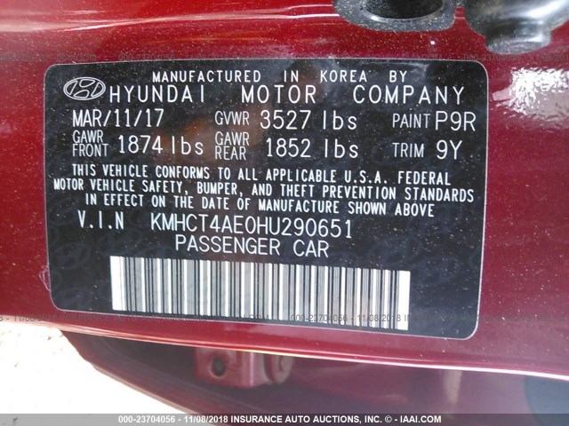 KMHCT4AE0HU290651 - 2017 HYUNDAI ACCENT SE RED photo 9