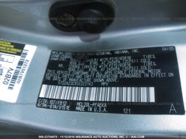 5TDZA23CX5S323143 - 2005 TOYOTA SIENNA CE/LE TAN photo 9