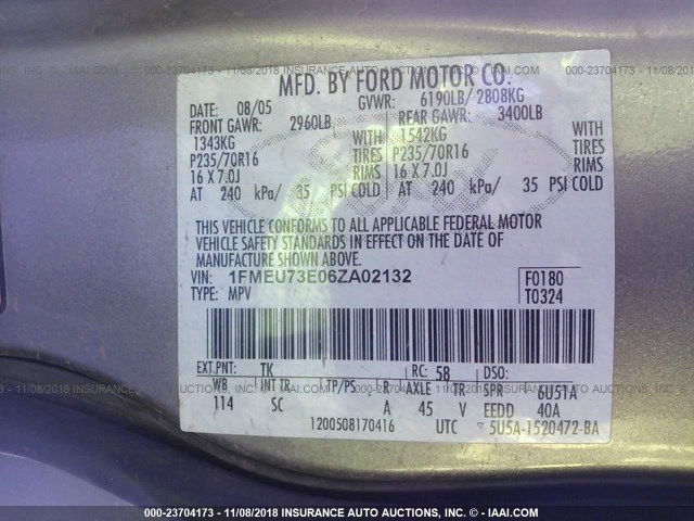 1FMEU73E06ZA02132 - 2006 FORD EXPLORER XLT GRAY photo 9