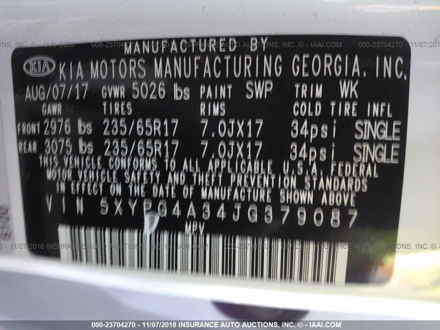 5XYPG4A34JG379087 - 2018 KIA SORENTO LX/L WHITE photo 9