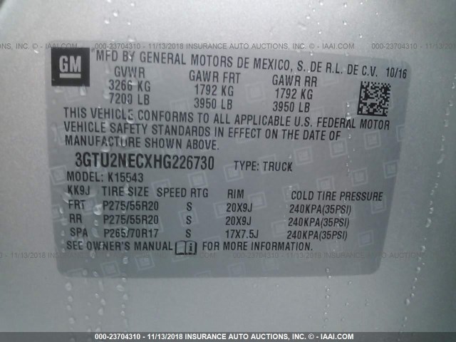 3GTU2NECXHG226730 - 2017 GMC SIERRA K1500 SLT GRAY photo 9