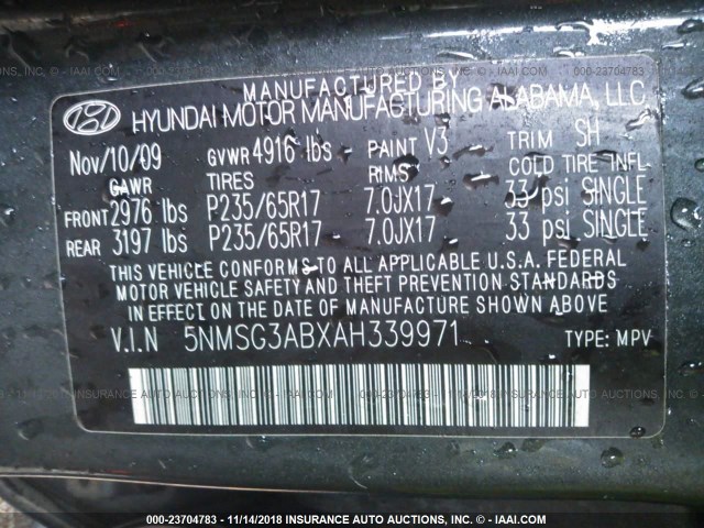 5NMSG3ABXAH339971 - 2010 HYUNDAI SANTA FE GLS GRAY photo 9