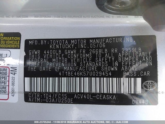 4T1BE46K57U029454 - 2007 TOYOTA CAMRY NEW GENERAT CE/LE/XLE/SE SILVER photo 9