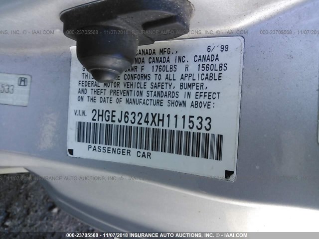 2HGEJ6324XH111533 - 1999 HONDA CIVIC CX SILVER photo 9