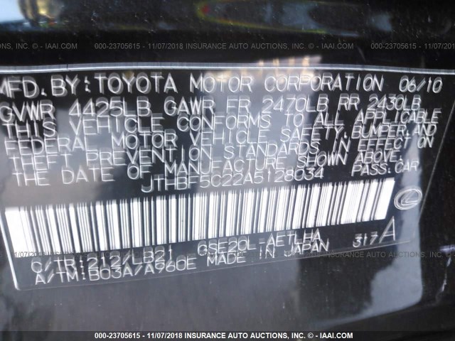 JTHBF5C22A5128034 - 2010 LEXUS IS 250 BLACK photo 9