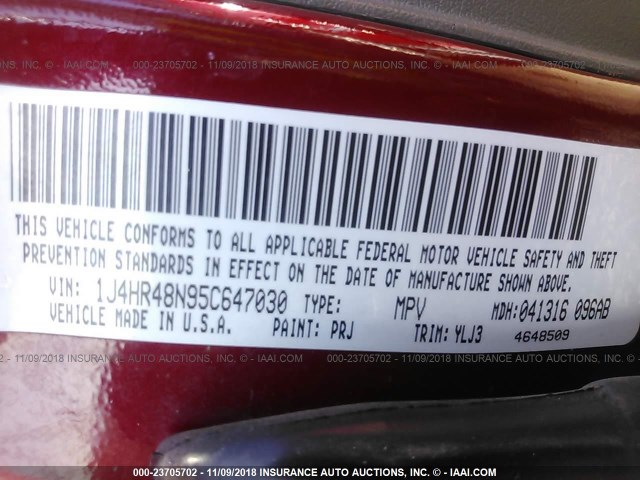 1J4HR48N95C647030 - 2005 JEEP GRAND CHEROKEE LAREDO/COLUMBIA/FREEDOM 红色 照片 9