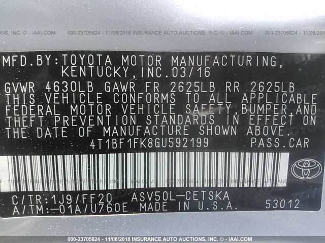 4T1BF1FK8GU592199 - 2016 TOYOTA CAMRY LE/XLE/SE/XSE 银色 照片 9