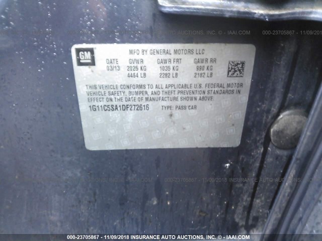 1G11C5SA1DF272616 - 2013 CHEVROLET MALIBU 1LT BLUE photo 9