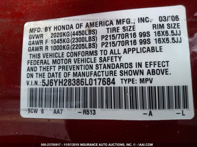 5J6YH28386L017684 - 2006 HONDA ELEMENT LX RED photo 9