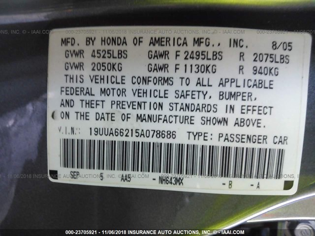 19UUA66215A078686 - 2005 ACURA TL GRAY photo 9