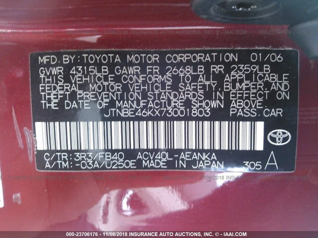 JTNBE46KX73001803 - 2007 TOYOTA CAMRY NEW GENERAT CE/LE/XLE/SE RED photo 9