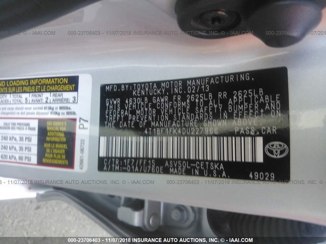 4T1BF1FK4DU227966 - 2013 TOYOTA CAMRY L/SE/LE/XLE Gümüş foto 9