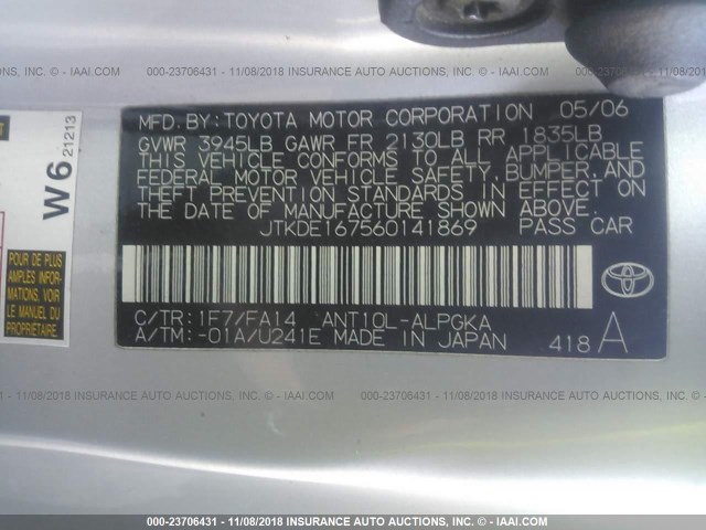 JTKDE167560141869 - 2006 TOYOTA SCION TC 银色 照片 9