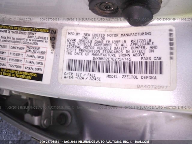 1NXBR32E76Z754745 - 2006 TOYOTA COROLLA CE/LE/S SILVER photo 9