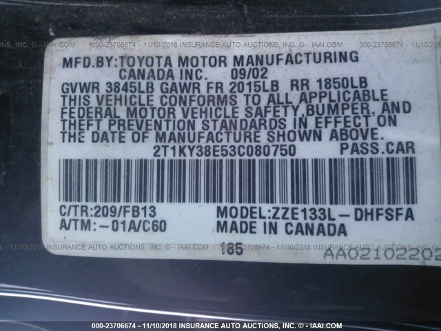 2T1KY38E53C080750 - 2003 TOYOTA COROLLA MATRIX XRS BLACK photo 9