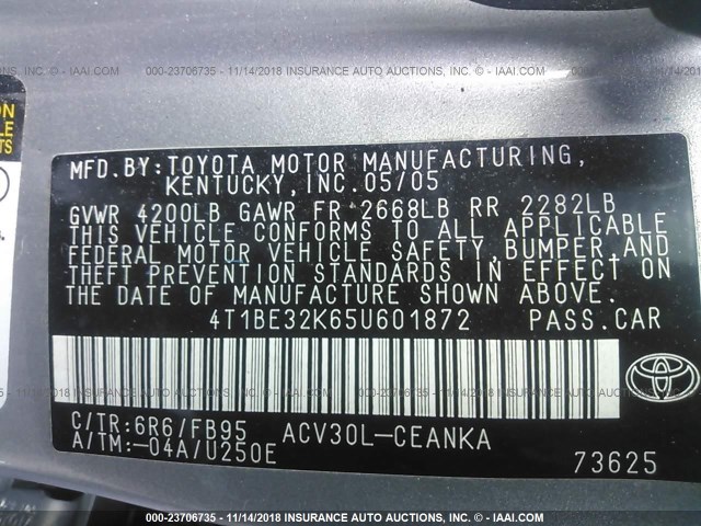 4T1BE32K65U601872 - 2005 TOYOTA CAMRY LE/XLE/SE SILVER photo 9