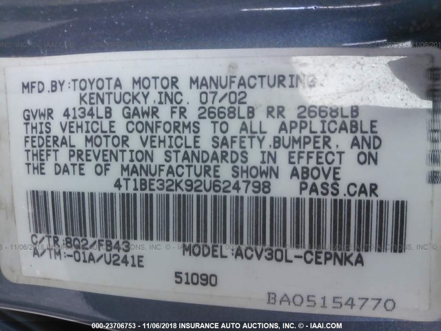 4T1BE32K92U624798 - 2002 TOYOTA CAMRY LE/XLE/SE BLUE photo 9