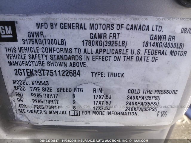 2GTEK13T751122684 - 2005 GMC NEW SIERRA K1500 SILVER photo 9