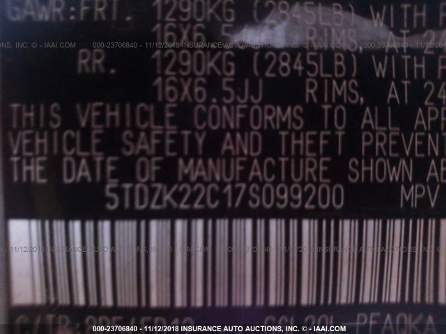 5TDZK22C17S099200 - 2007 TOYOTA SIENNA XLE/XLE LIMITED BLUE photo 9