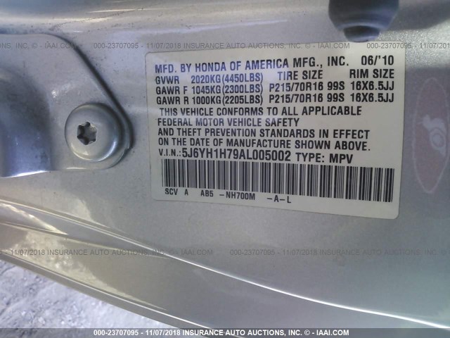 5J6YH1H79AL005002 - 2010 HONDA ELEMENT EX SILVER photo 9