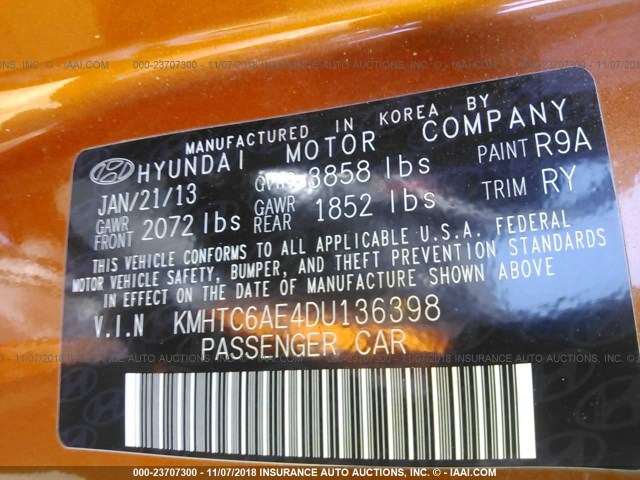 KMHTC6AE4DU136398 - 2013 HYUNDAI VELOSTER TURBO ORANGE photo 9