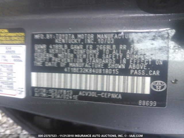 4T1BE32K84U818015 - 2004 TOYOTA CAMRY LE/XLE/SE GRAY photo 9