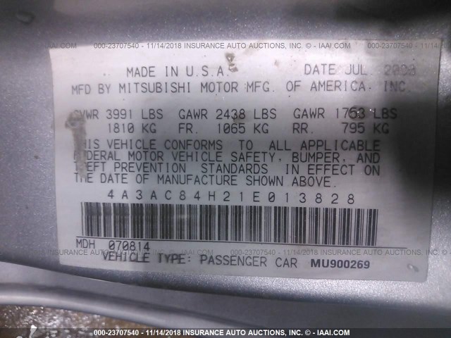 4A3AC84H21E013828 - 2001 MITSUBISHI ECLIPSE GT SILVER photo 9