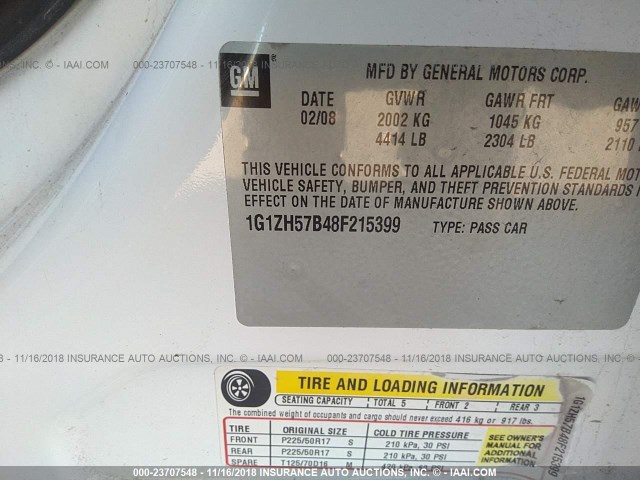 1G1ZH57B48F215399 - 2008 CHEVROLET MALIBU 1LT WHITE photo 9