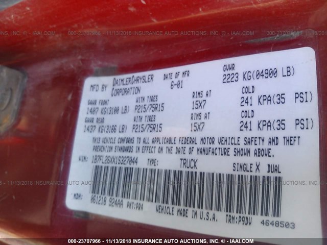 1B7FL26XX1S327044 - 2001 DODGE DAKOTA RED photo 9