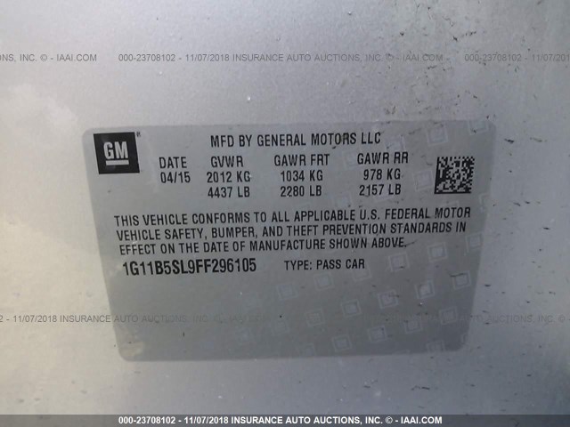 1G11B5SL9FF296105 - 2015 CHEVROLET MALIBU LS 银色 照片 9