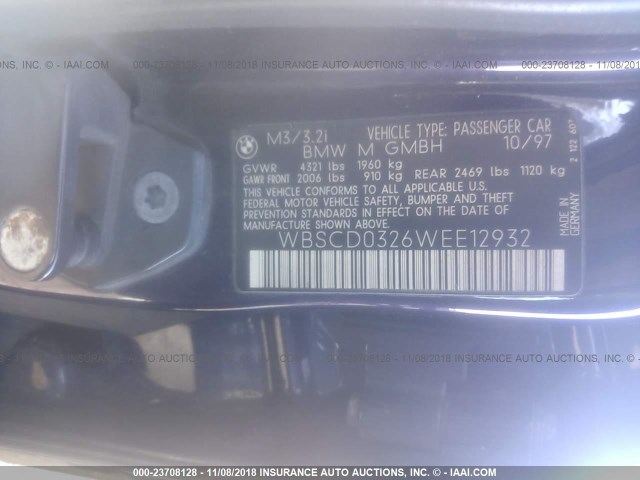 WBSCD0326WEE12932 - 1998 BMW M3 AUTOMATIC BLUE photo 9