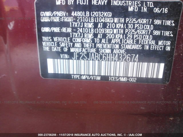 JF2SJABC6HH432674 - 2017 SUBARU FORESTER BURGUNDY photo 9