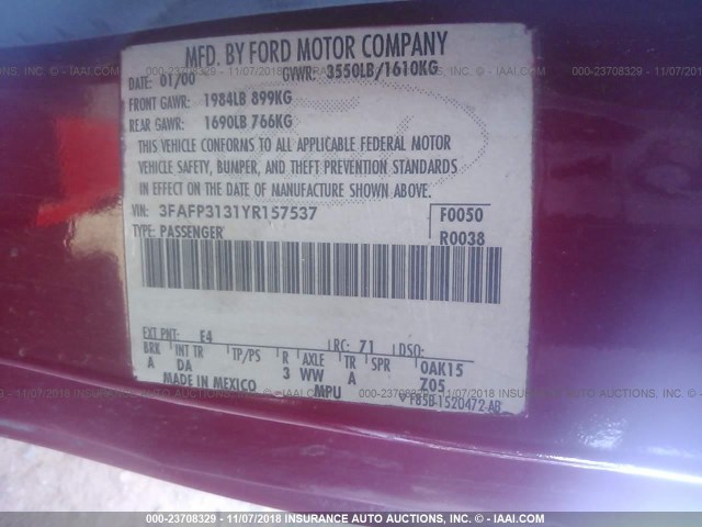 3FAFP3131YR157537 - 2000 FORD FOCUS ZX3 RED photo 9