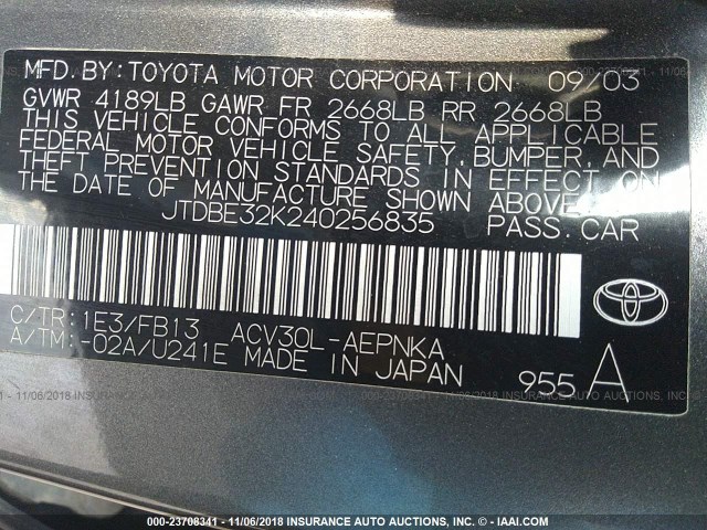 JTDBE32K240256835 - 2004 TOYOTA CAMRY LE/XLE Сұр фото 9