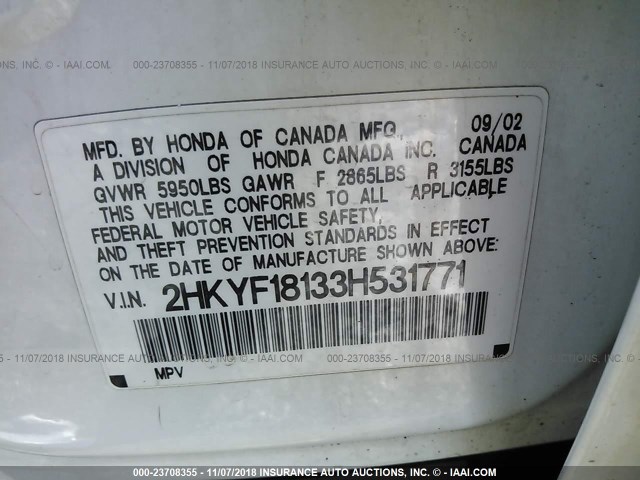 2HKYF18133H531771 - 2003 HONDA PILOT LX WHITE photo 9