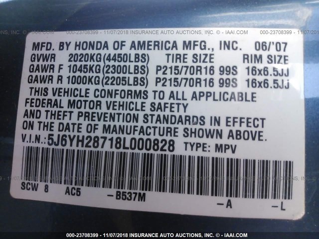 5J6YH28718L000828 - 2008 HONDA ELEMENT EX BLUE photo 9