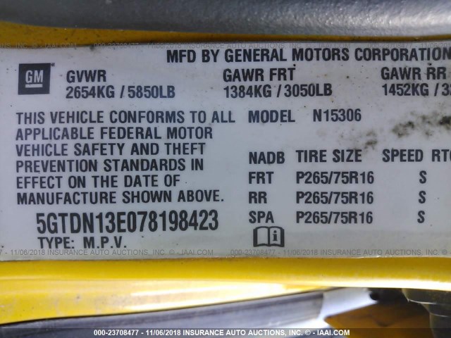 5GTDN13E078198423 - 2007 HUMMER H3 YELLOW photo 9