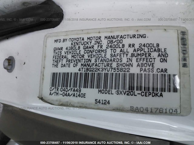 4T1BG22K3YU755822 - 2000 TOYOTA CAMRY CE/LE/XLE WHITE photo 9