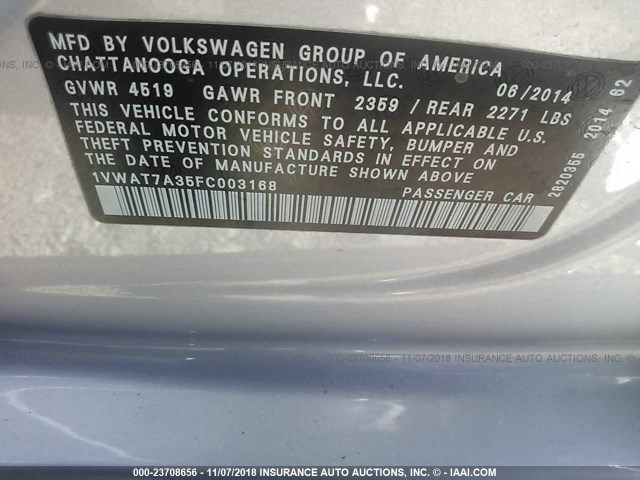 1VWAT7A35FC003168 - 2015 VOLKSWAGEN PASSAT S SILVER photo 9