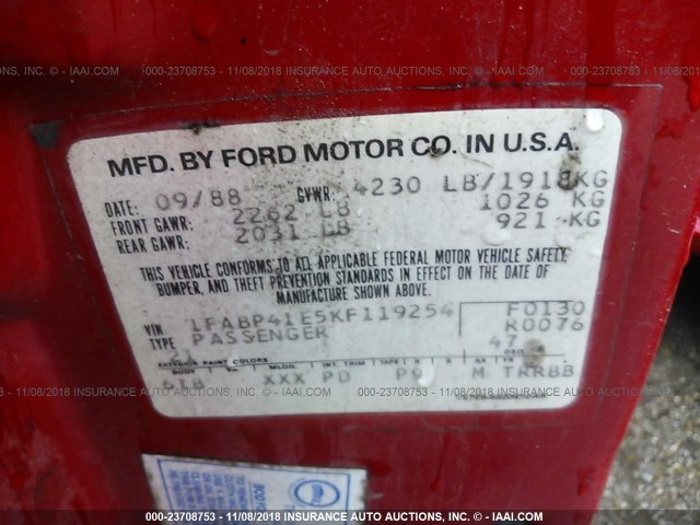 1FABP41E5KF119254 - 1989 FORD MUSTANG LX RED photo 9