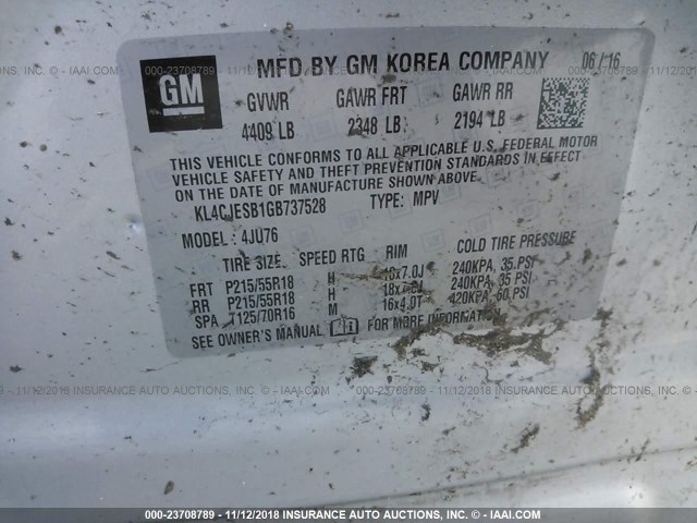 KL4CJESB1GB737528 - 2016 BUICK ENCORE GRAY photo 9