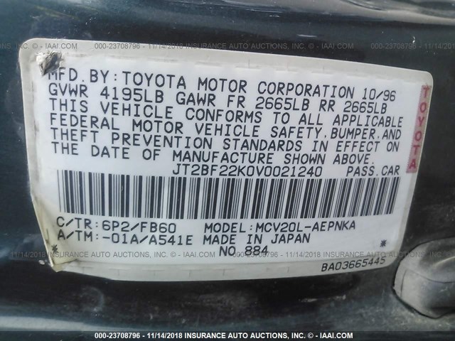 JT2BF22K0V0021240 - 1997 TOYOTA CAMRY LE/XLE BLUE photo 9
