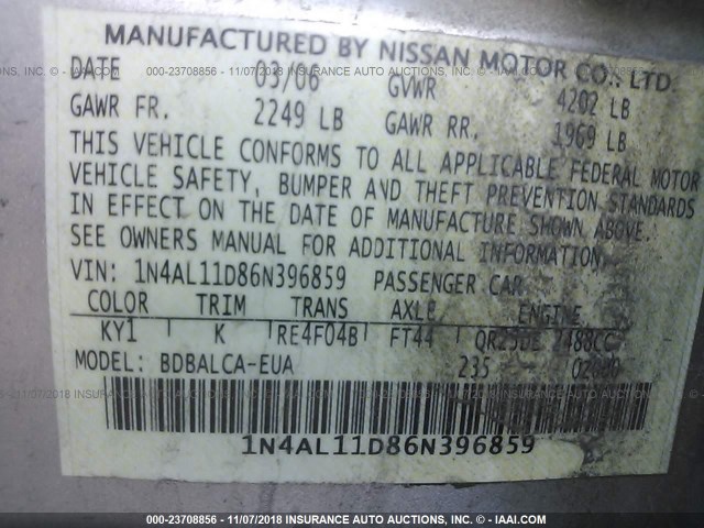 1N4AL11D86N396859 - 2006 NISSAN ALTIMA S/SL SILVER photo 9